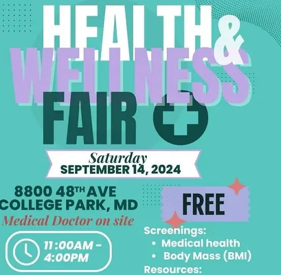 Invitation to Free Health and Wellness fair in Collage Park Maryland