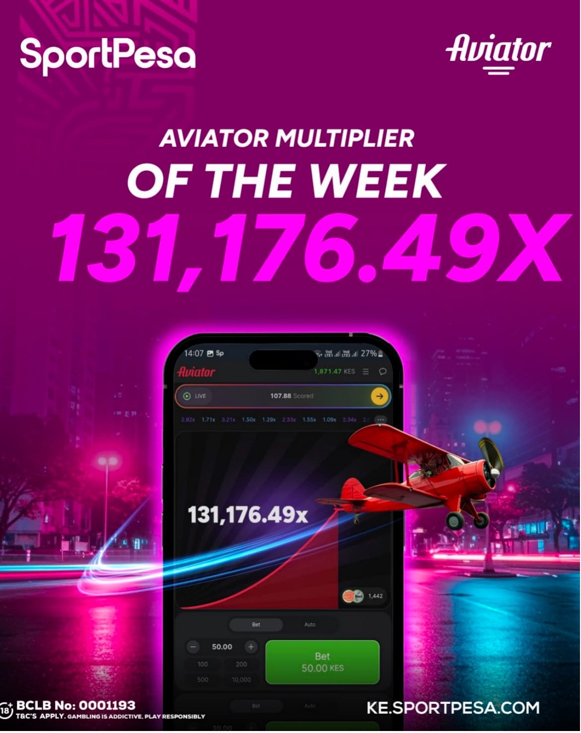 SportPesa Aviator Multiplier of the week hits stunning 131,176.49x