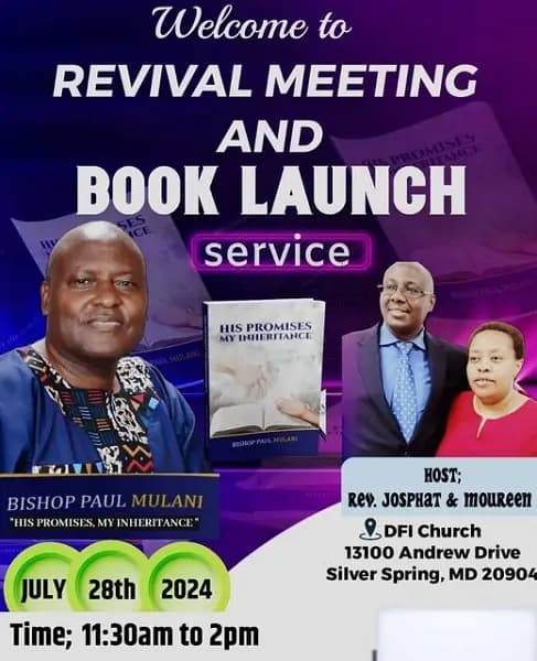 Invitation to Bishop Paul Mulani’s Book Launch at DFI Church MD