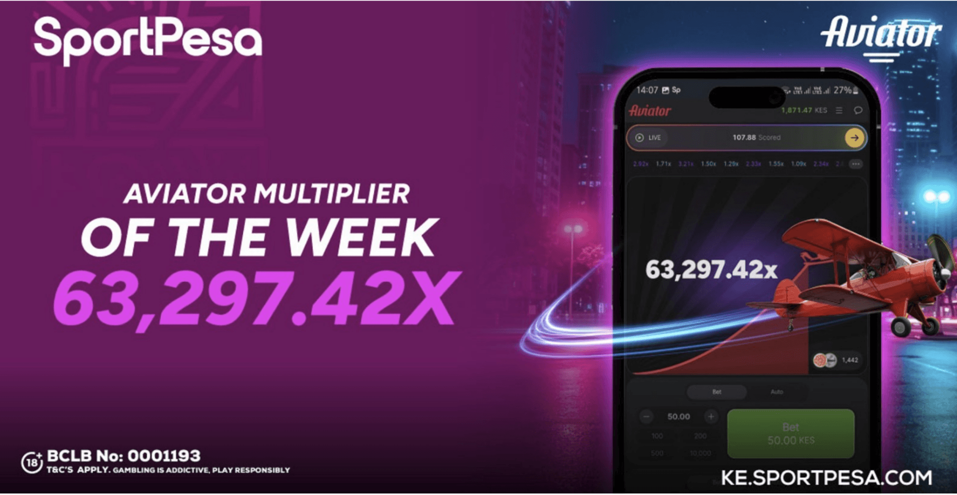 Unbelievable wins as SportPesa Aviator just clocked a mind-blowing 63,297.42X multiplier
