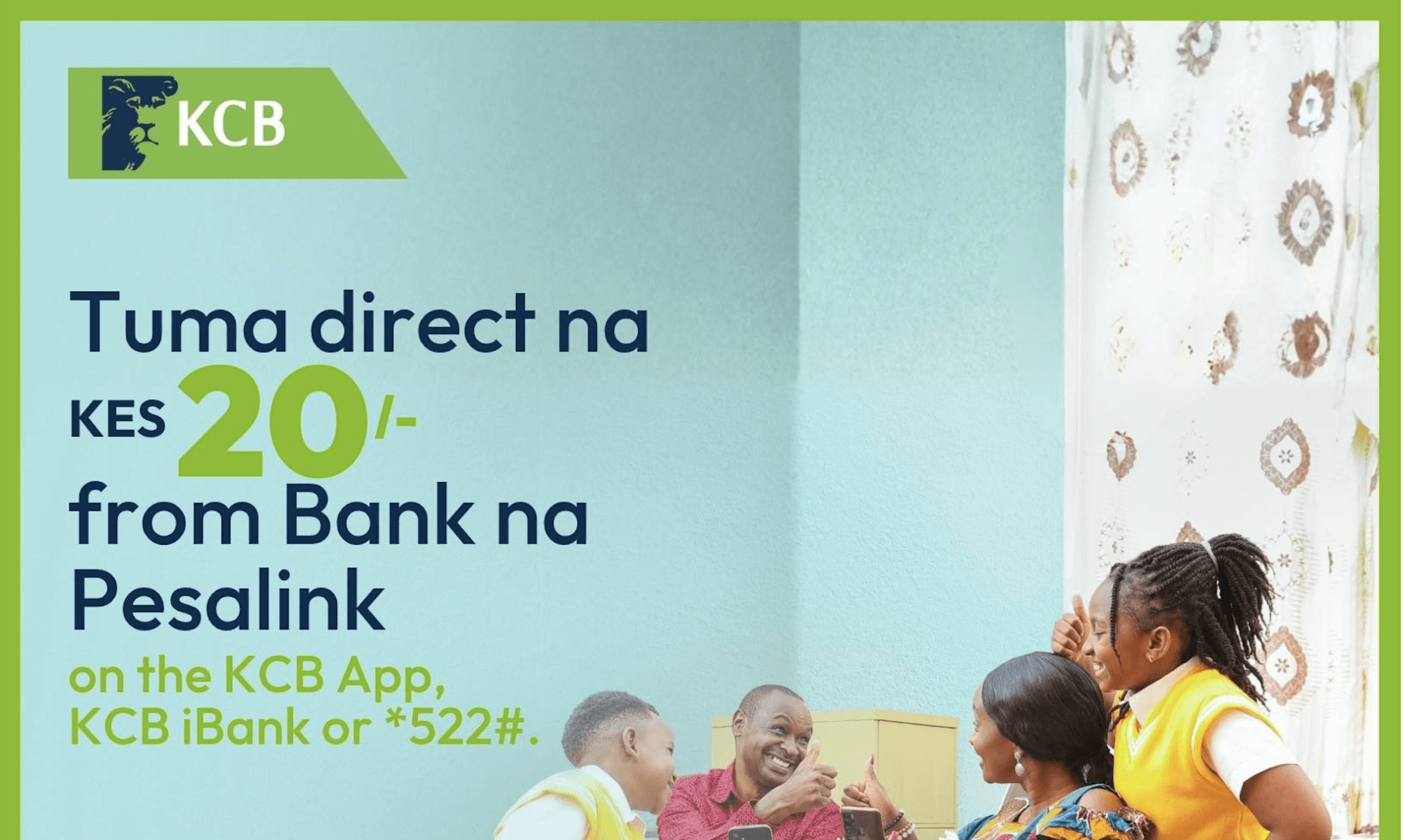 KCB introduces KShs. 20 flat fee on Pesalink, with free transfers below KShs. 1,000