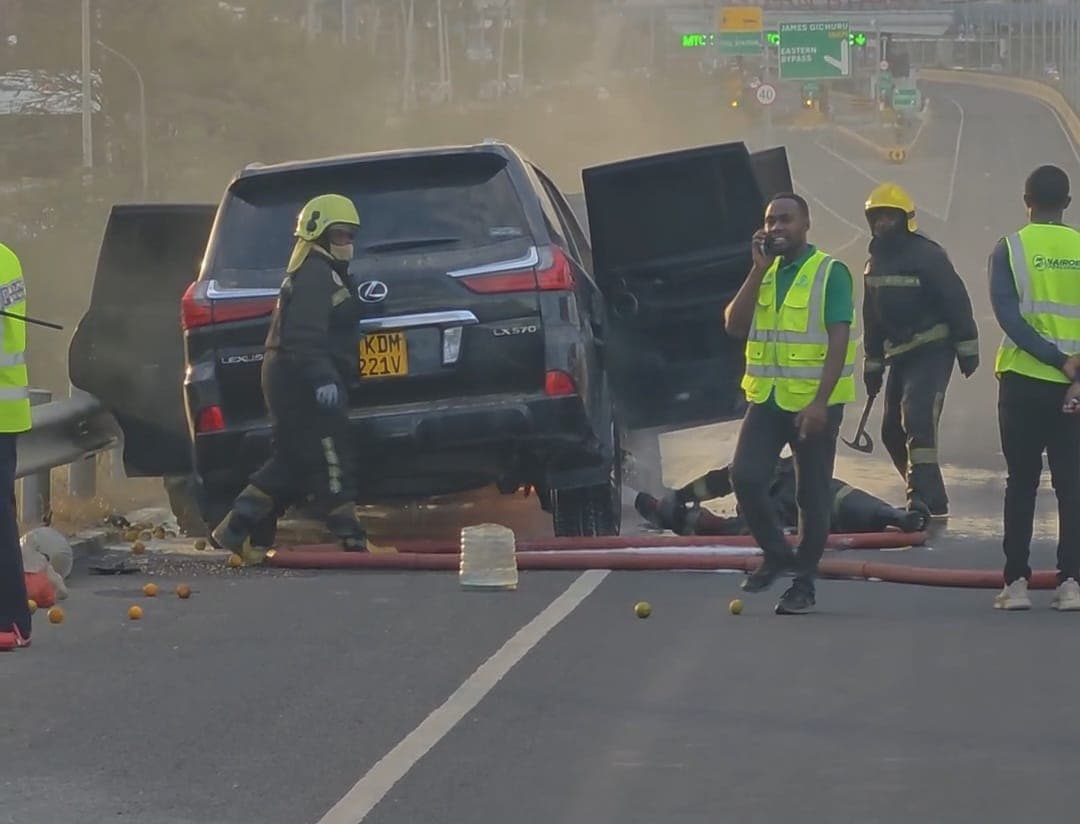 Lexus vehicle catches fire along Nairobi Expressway near JKIA