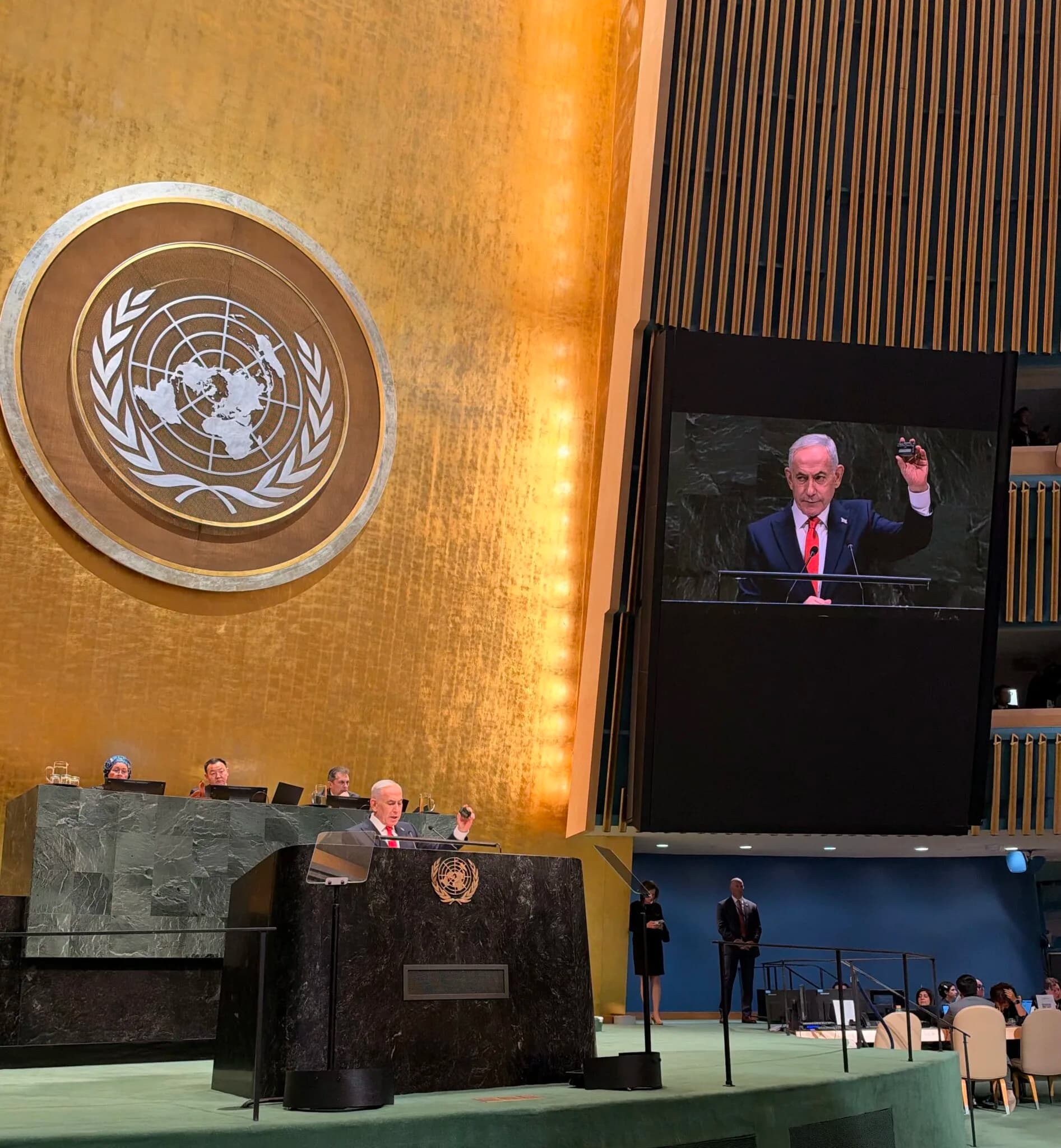 Netanyahu defends Israeli military action as delegates walk out before UN speech