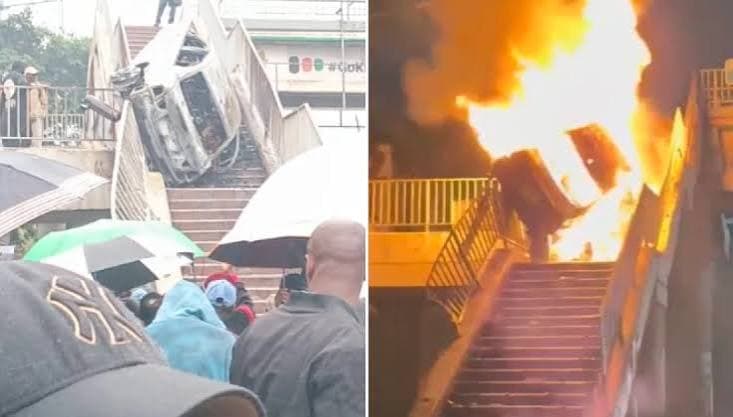 Three killed after BMW crashes into footbridge, bursts into flames on Nairobi’s Raila Odinga Road