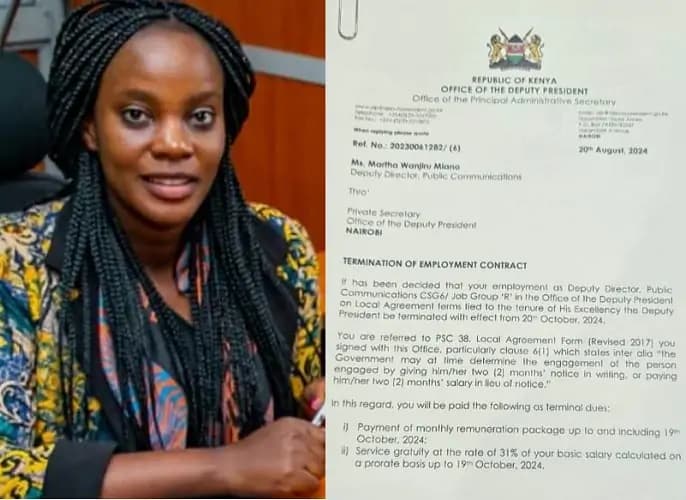 Gachagua’s staffer Martha Miano Termination Letter Goes Viral