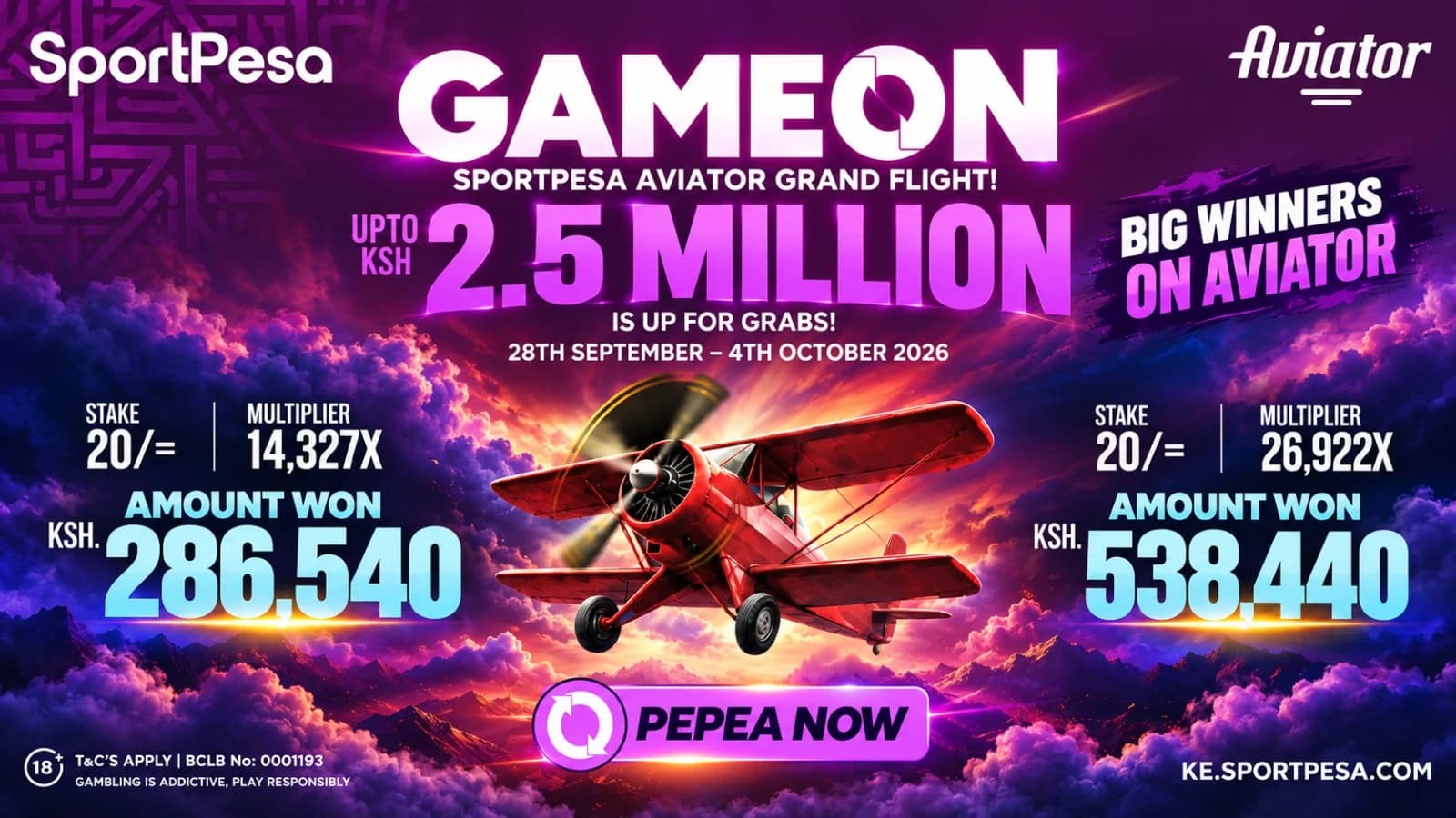 Aviator Grand Flight Puts KSh 2.5 Million Up for Grabs as SportPesa Spotlights Big Winners