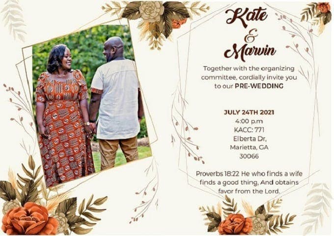 Invitation to Marvin and Kate pre-wedding dinner in Marietta Georgia