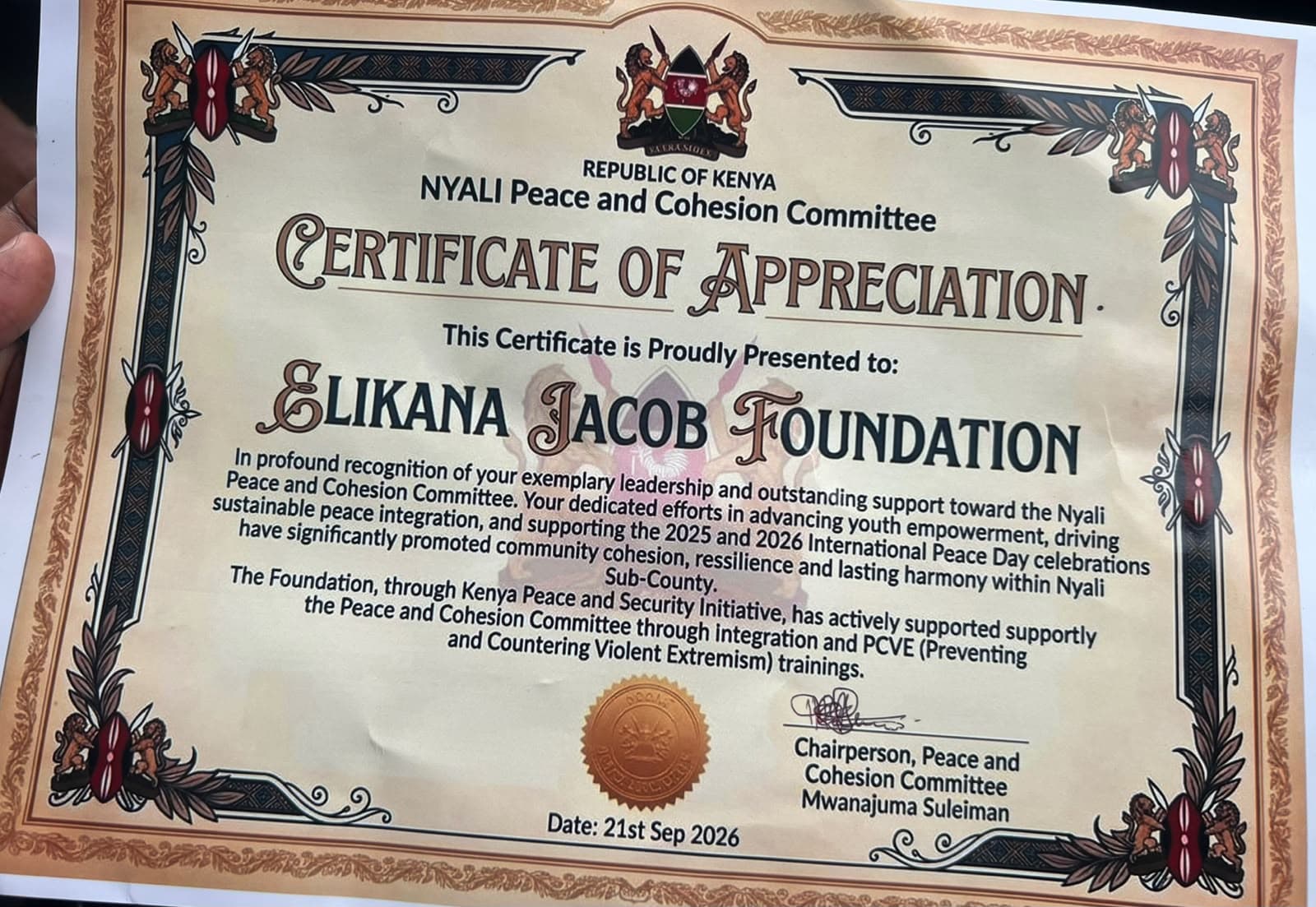 Elkana Jacob Foundation recognised for peace and community work in Nyali